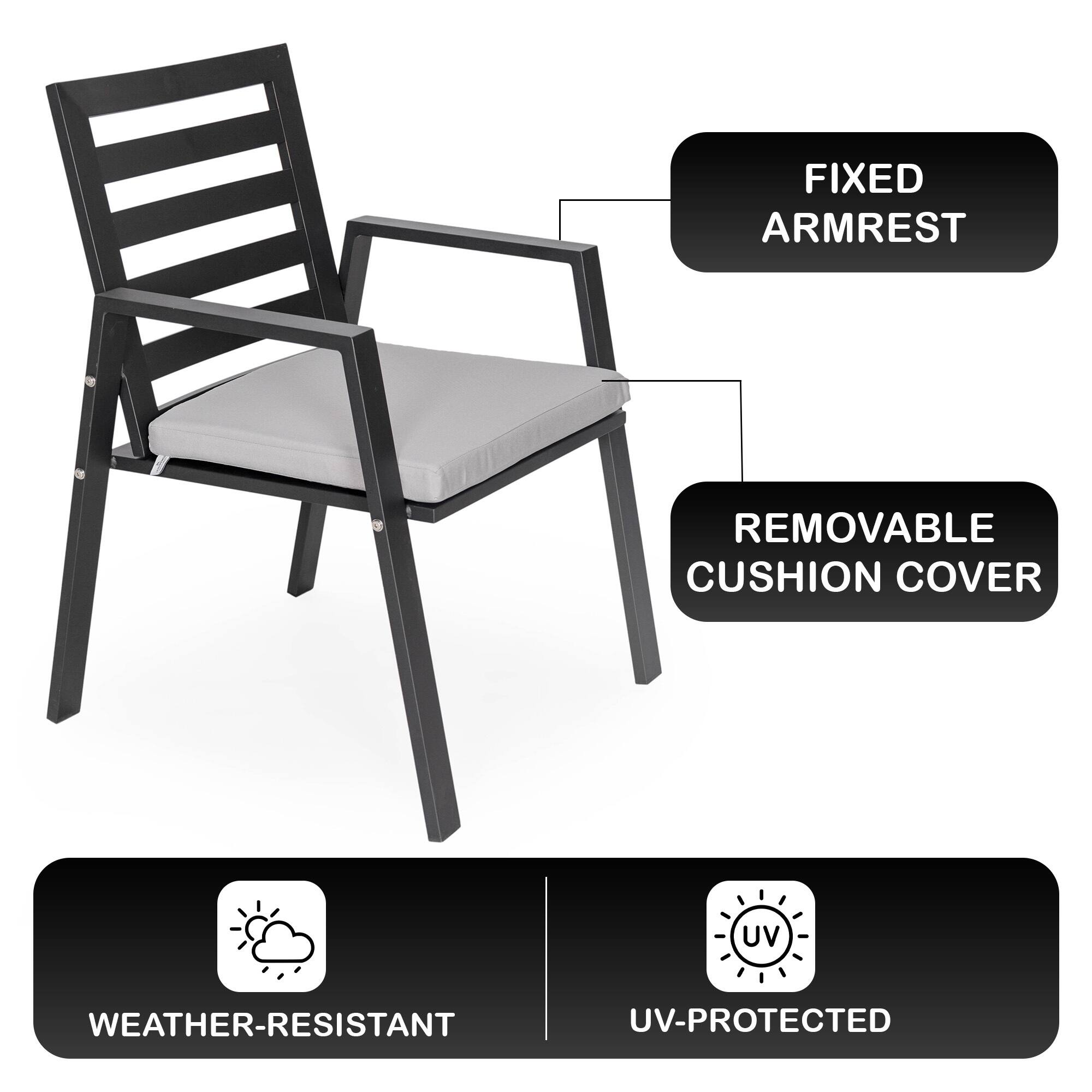 FIXED ARMREST  
REMOVABLE CUSHION COVER  
WEATHER-RESISTANT  
UV-PROTECTED