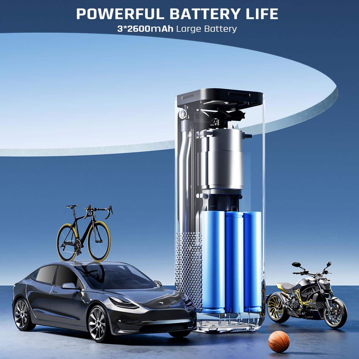 "Powerful Battery Life" is the main phrase, and "3*2600mAh Large Battery" is a subtitle.