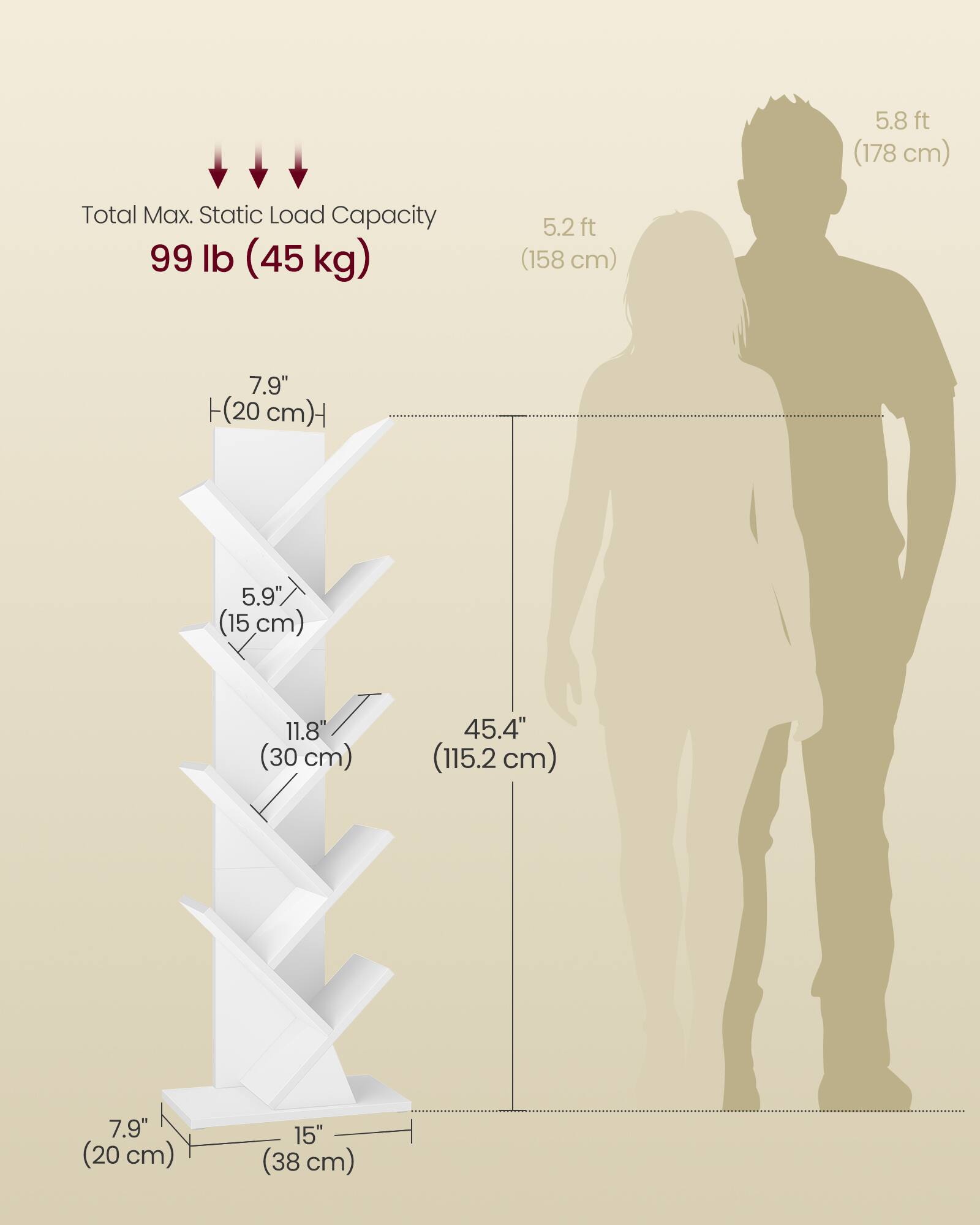 5.8 ft (178 cm)  
Total Max. Static Load Capacity: 99 lb (45 kg)  
5.2 ft (158 cm)  
7.9" (20 cm)  
5.9" (15 cm)  
11.8" (30 cm)  
45.4" (115.2 cm)  
7.9" (20 cm)  
15" (38 cm)