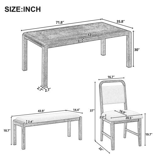 SIZE: INCH

- Table: 71.8" x 35.8" x 30"
- Bench: 43.9" x 14.4" x 18.7"
- Chair: 18.9" x 20.5" x 19.7"