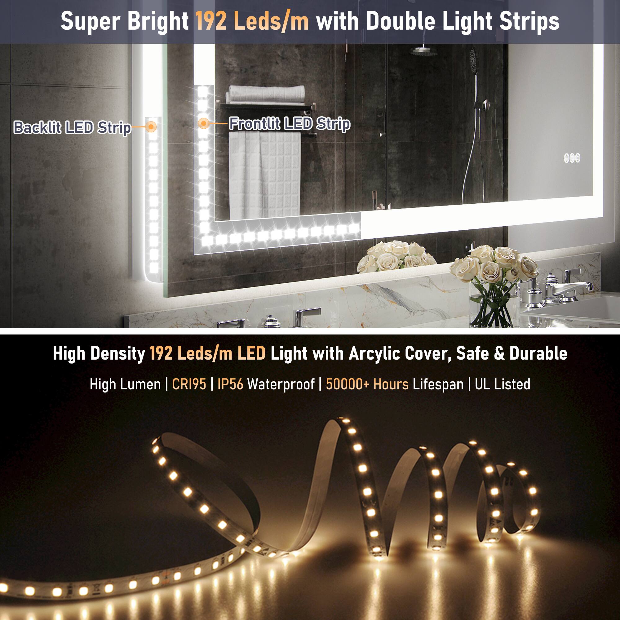 Super Bright 192 Leds/m with Double Light Strips  
Backlit LED Strip Frontlit LED Strip  
High Density 192 Leds/m LED Light with Acrylic Cover, Safe & Durable  
High Lumen | CRI95 | IP56 Waterproof | 50000+ Hours Lifespan | UL Listed