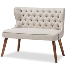 Baxton Studio - Scarlett Mid-Century Modern Wood Fabric Upholstered Button-Tufting with Nail Heads Trim 2-Seater Loveseat Settee - Light Beige/Walnut Brown