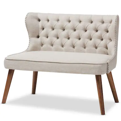 Front. Baxton Studio - Scarlett Mid-Century Modern Wood Fabric Upholstered Button-Tufting with Nail Heads Trim 2-Seater Loveseat Settee - Light Beige/Walnut Brown.