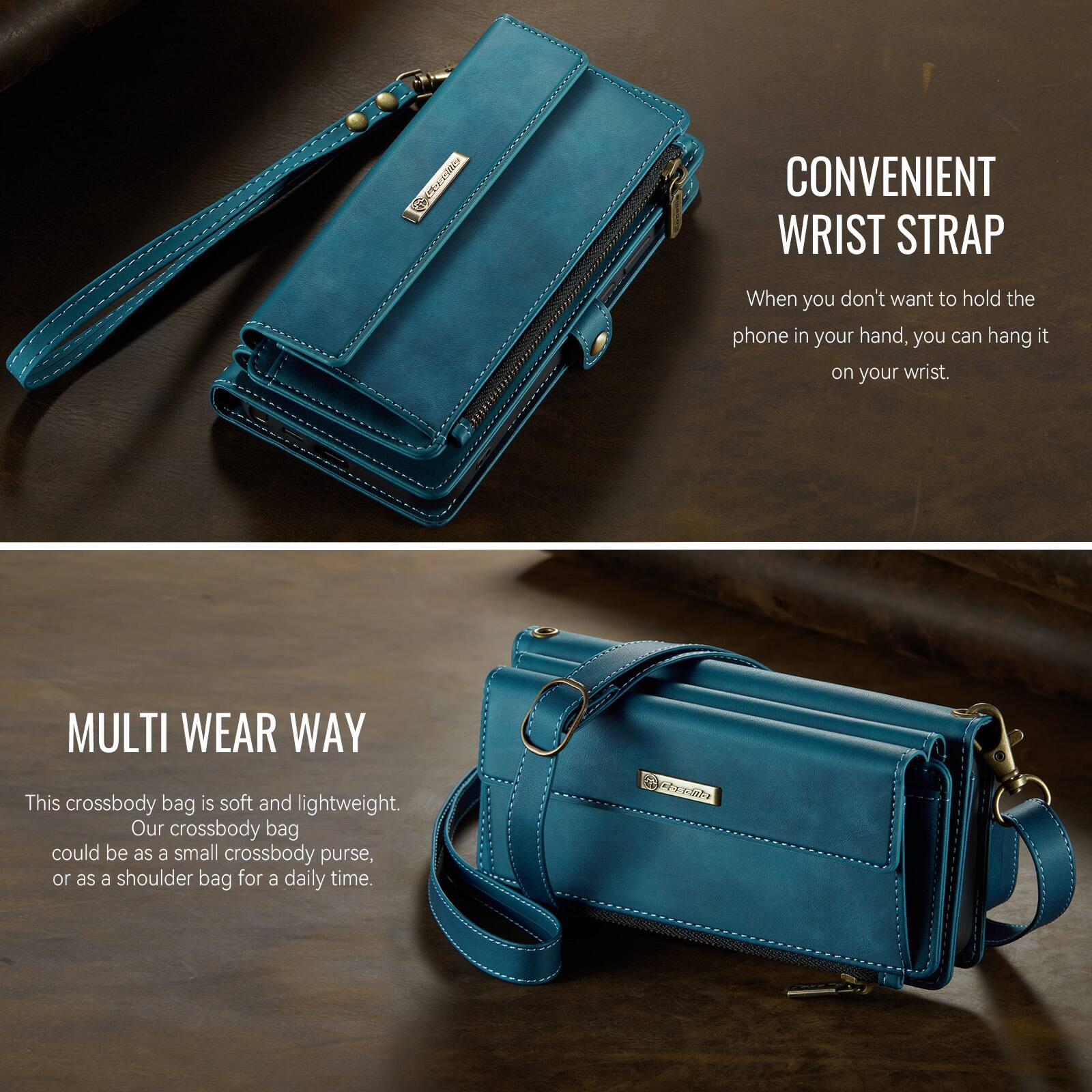 9 CONVENIENT WRIST STRAP  
When you don't want to hold the phone in your hand, you can hang it on your wrist.  

MULTI WEAR WAY  
This crossbody bag is soft and lightweight. Our crossbody bag could be as a small crossbody purse, or as a shoulder bag for a daily time.
