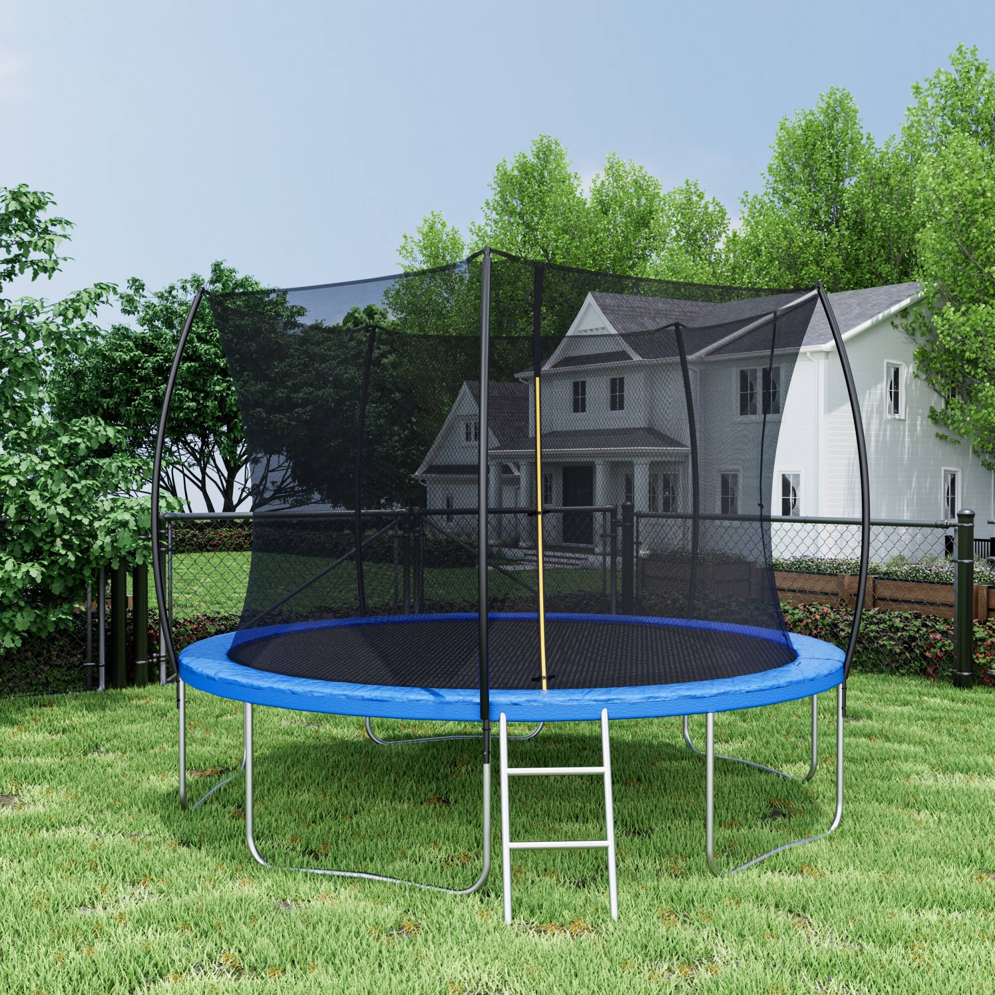 Alt View 1. Ecooso - 12FT Trampoline with Enclosure Net and Ladder: Curved Safety Poles, 70 Springs, 5 W-Legs, Zipper Entry - Black.