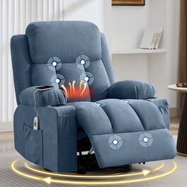 Anysun - Swivel Rocker Recliner with Heat & Massage - Side Pocket, USB Port & 2 Cup Holders for Living Room - Blue