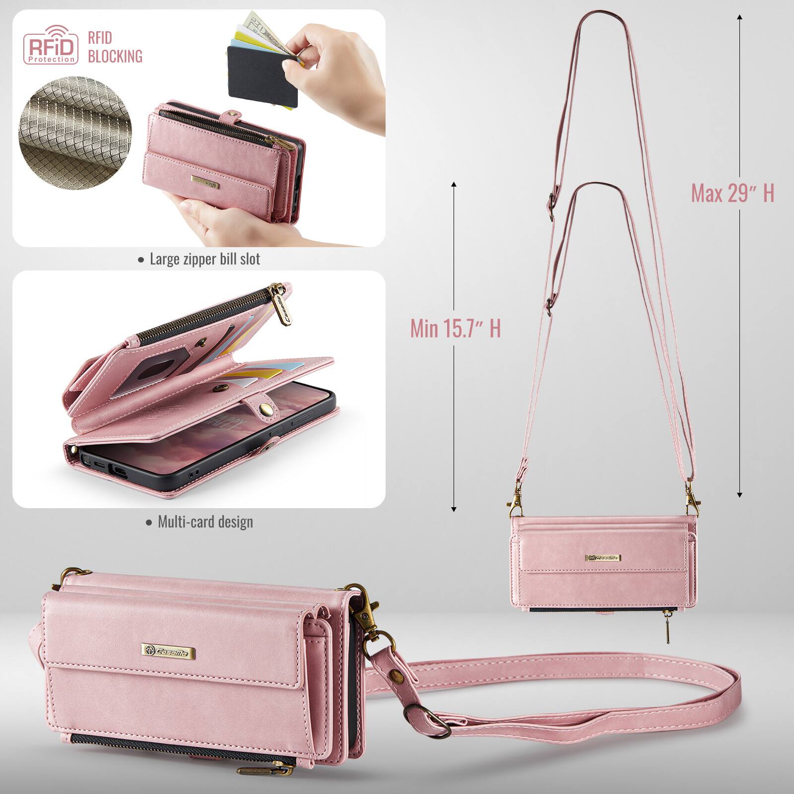 RFID Protection BLOCKING  
Max 29" H  
Large zipper bill slot  
Min 15.7" H  
Multi-card design