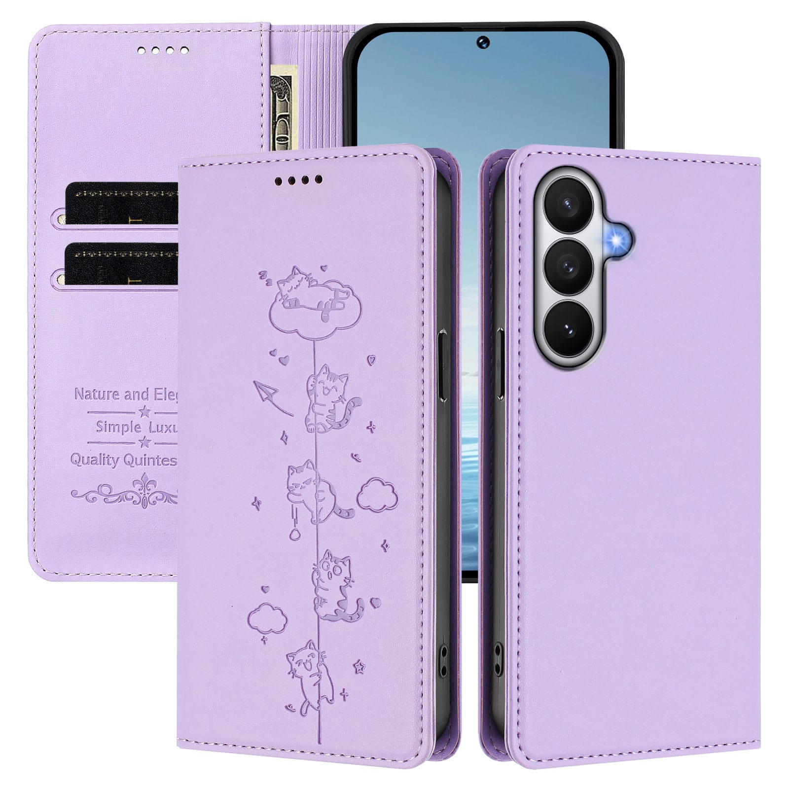 Dteck - for Samsung Galaxy S26 Shockproof Case,Slim Cute Cat Embossed PU Leather RFID Blocking Wallet Flip Card Holder Cover - Purple