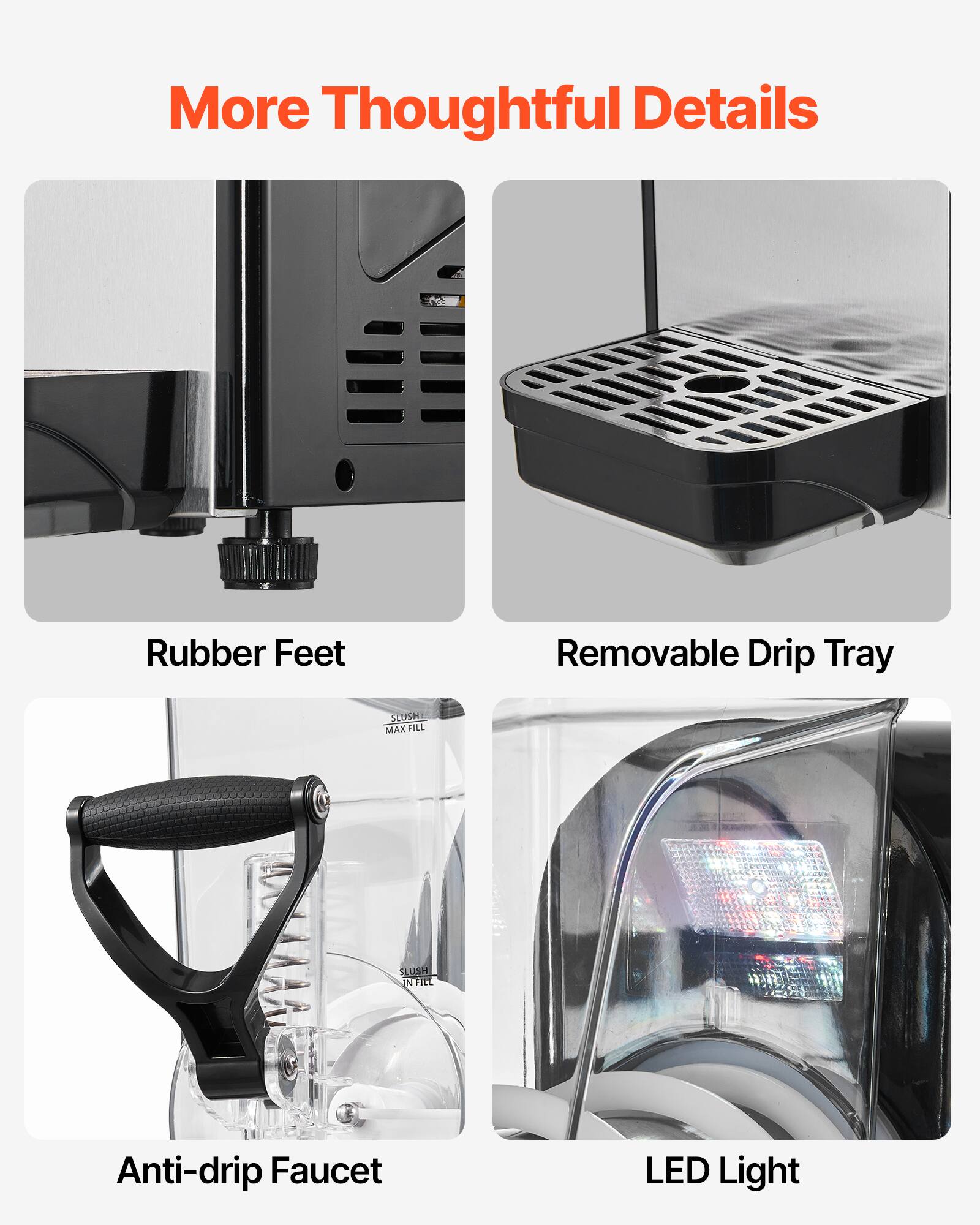 More Thoughtful Details

- Rubber Feet
- Removable Drip Tray
- Anti-drip Faucet
- LED Light