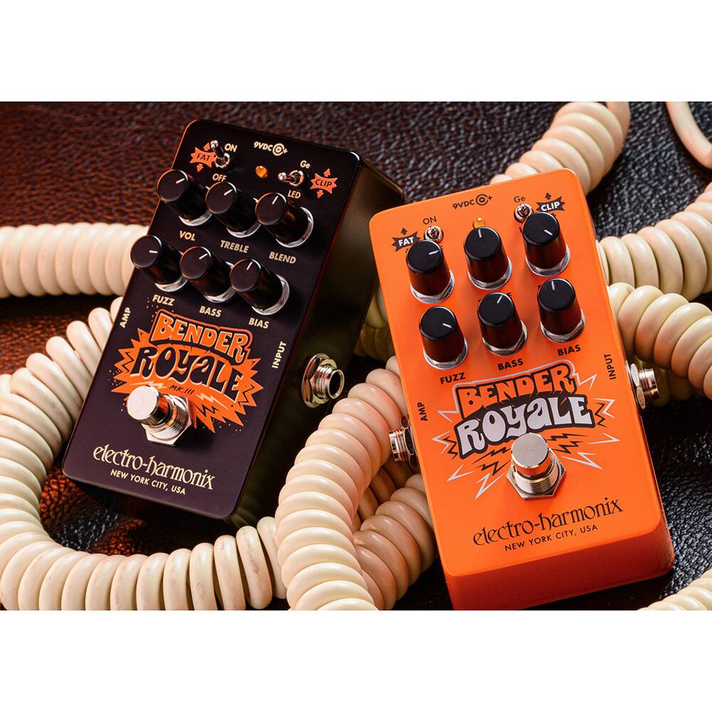FAT ON 9VDC VOL OFF LED TREBLE BLEND CLIP ON FAT 9VDC Ge CLIP FUZZ AMP BASS BIAS BENDER INPUT ROYALE MR 1 electro-harmonix NEW YORK CITY, USA BIAS BASS INPUT FUZZ AMP BENDER ROYALE electro-harmonix NEW YORK CITY, USA