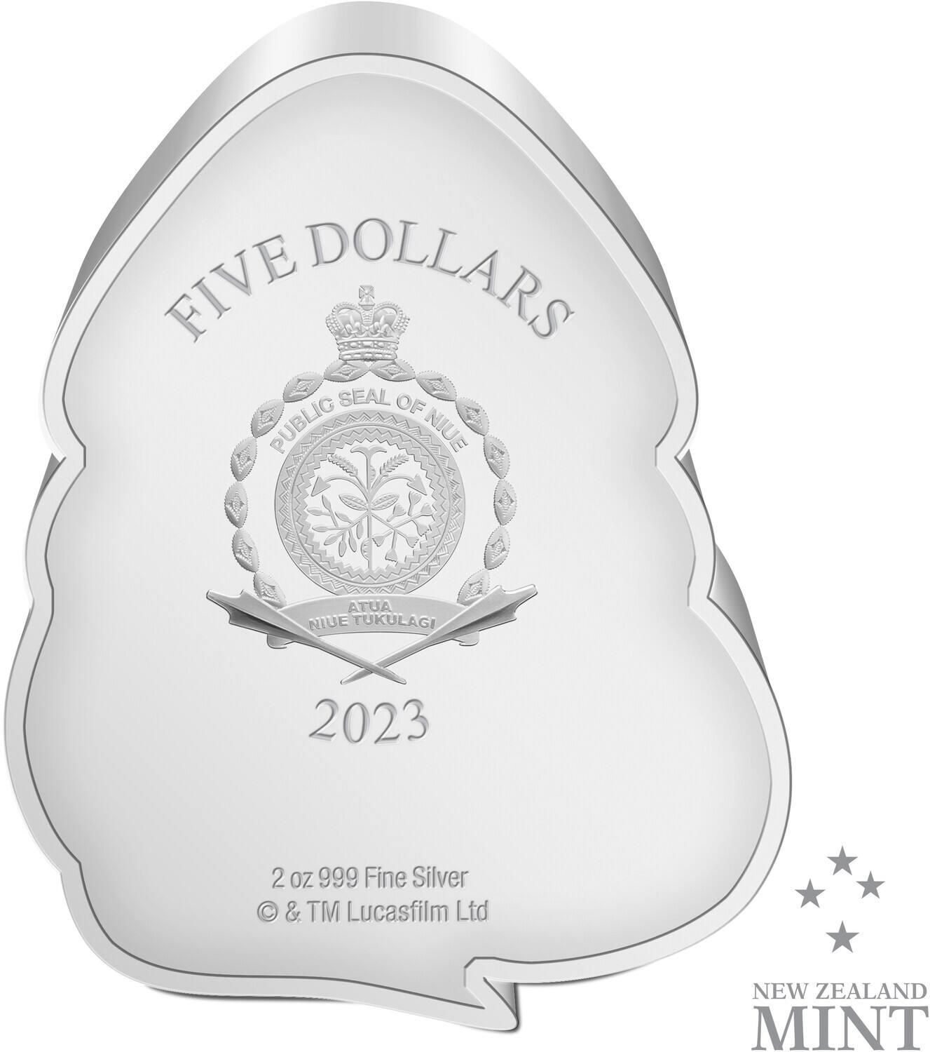 FIVE DOLLARS  
PUBLIC SEAL OF NIUE  
ATUA NIUE TUKULAGI  
2023  

2 oz 999 Fine Silver  
© & TM Lucasfilm Ltd  

NEW ZEALAND MINT