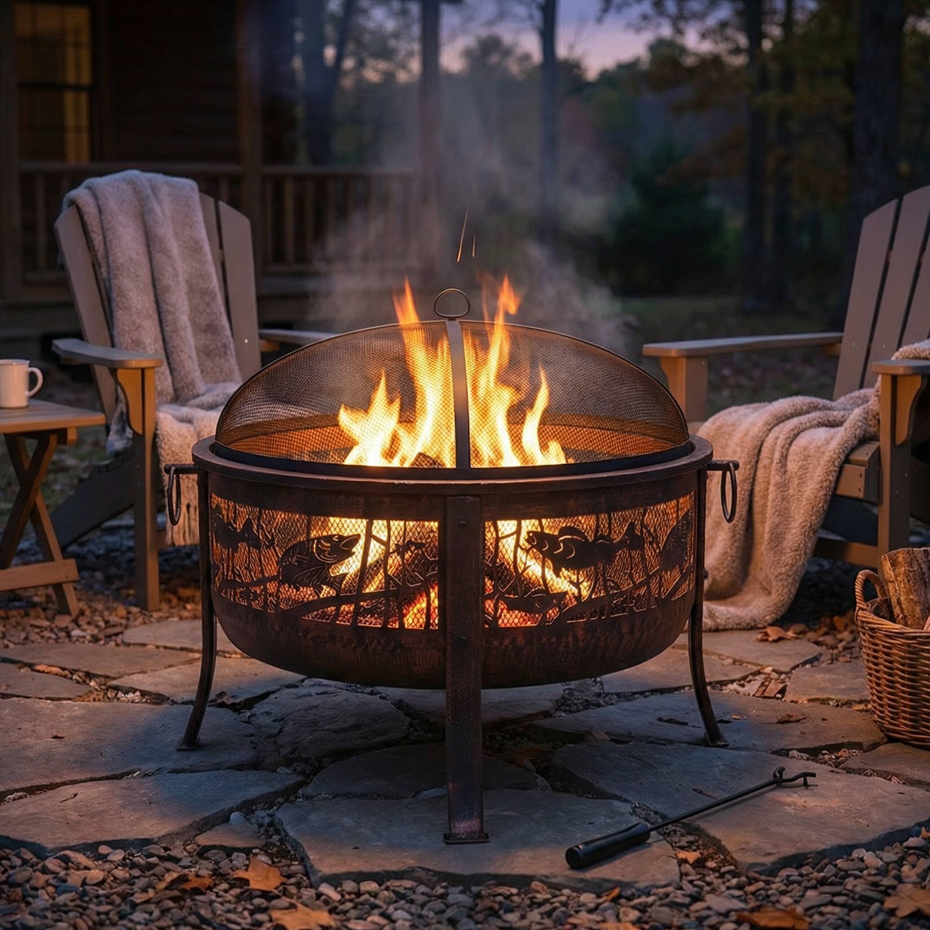 Alt View 10. Sunnydaze - 30 in Northwoods Fishing Steel Fire Pit with Spark Screen - Bronze.
