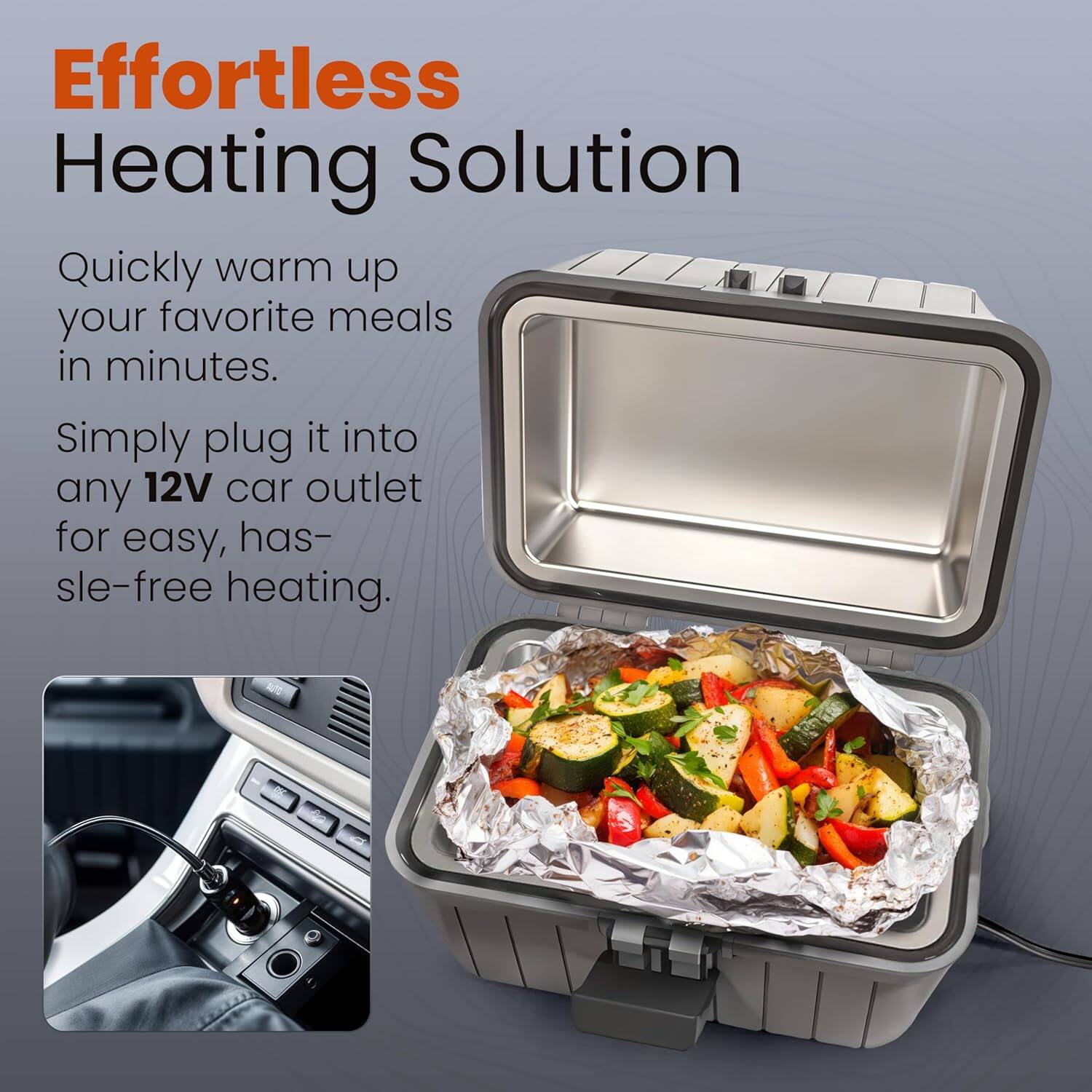 Effortless Heating Solution

Quickly warm up your favorite meals in minutes.

Simply plug it into any 12V car outlet for easy, hassle-free heating.