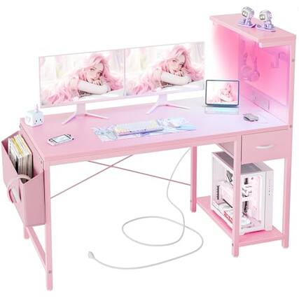 Front. Hirose Alice - Gaming Desk With Power Outlet And Led Light Computer Reversible Shelves Storage Drawer Small Pc For Home Off - Pink-47 Inch.
