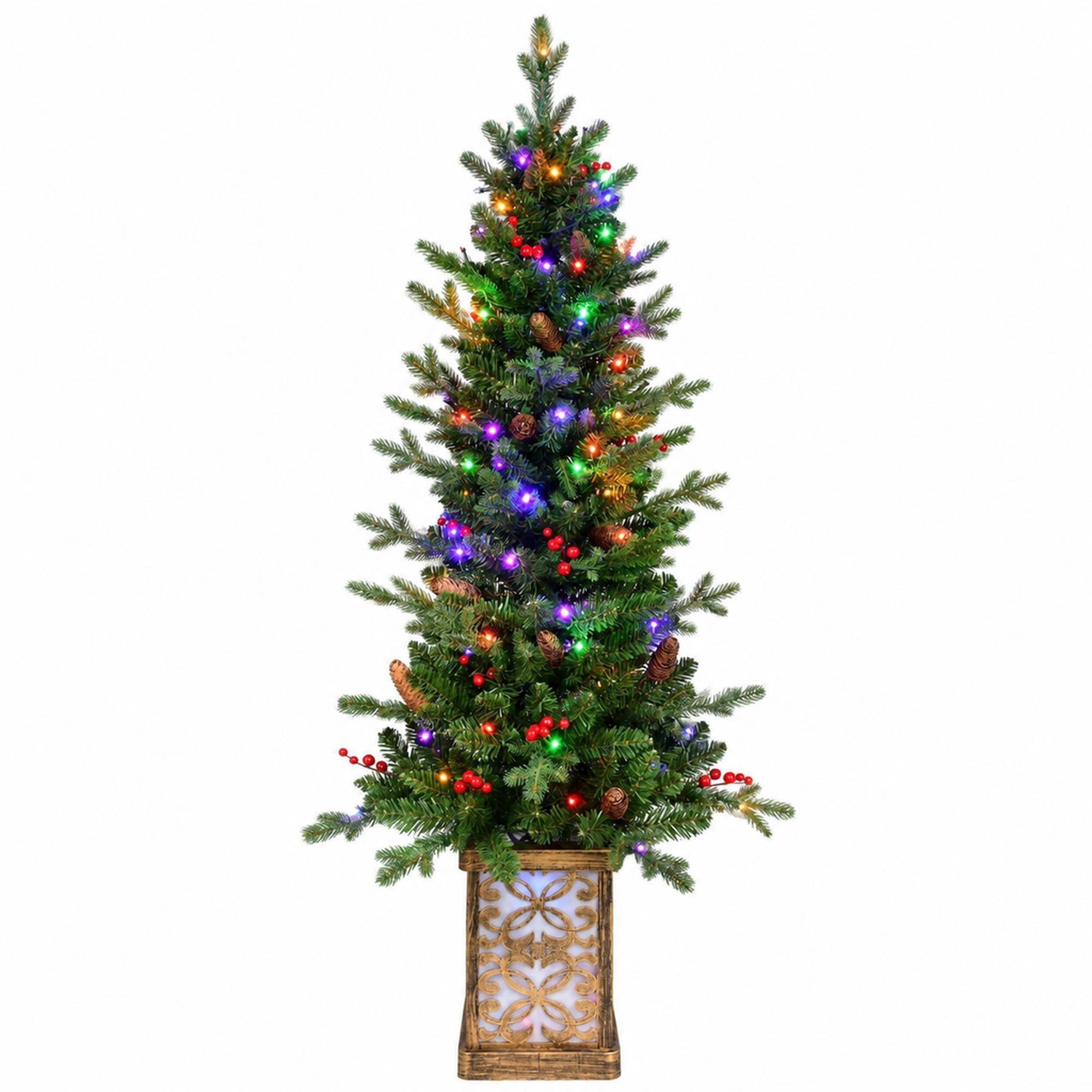 Front. RYHNUYNE - 4 Ft Green Artificial Christmas Tree With 100 Multicolor LED Lights, 396 Tips Berries Pine Cones Base Decor - Green.