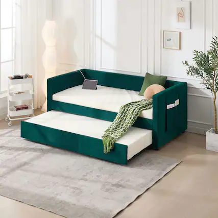 Front. Kadyn - Twin Upholstered Daybed with Trundle, USB Port & Side Pockets, Modern V-Grain Backrest, No Box Spring - Green.