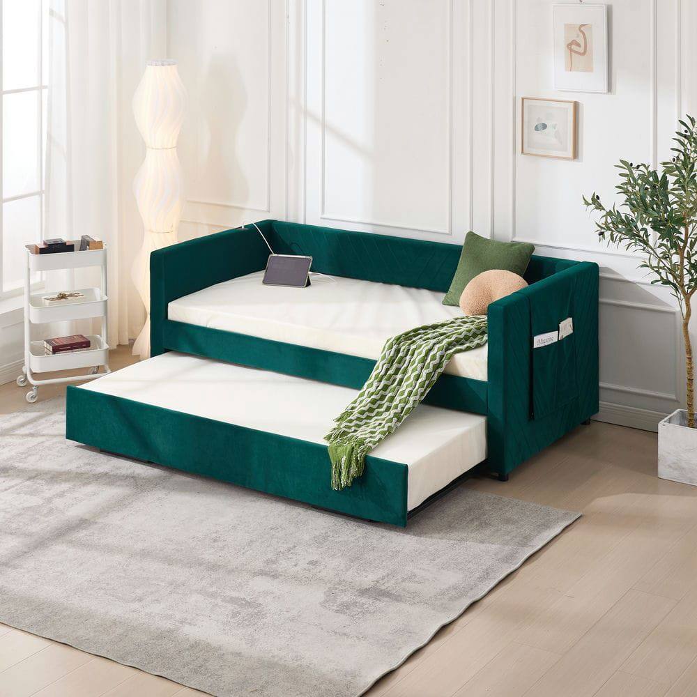 Front. Kadyn - Twin Upholstered Daybed with Trundle, USB Port & Side Pockets, Modern V-Grain Backrest, No Box Spring - Green.