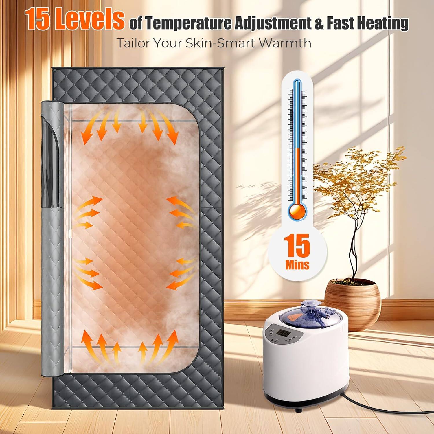 15 Levels of Temperature Adjustment & Fast Heating  
Tailor Your Skin-Smart Warmth  
15 Mins