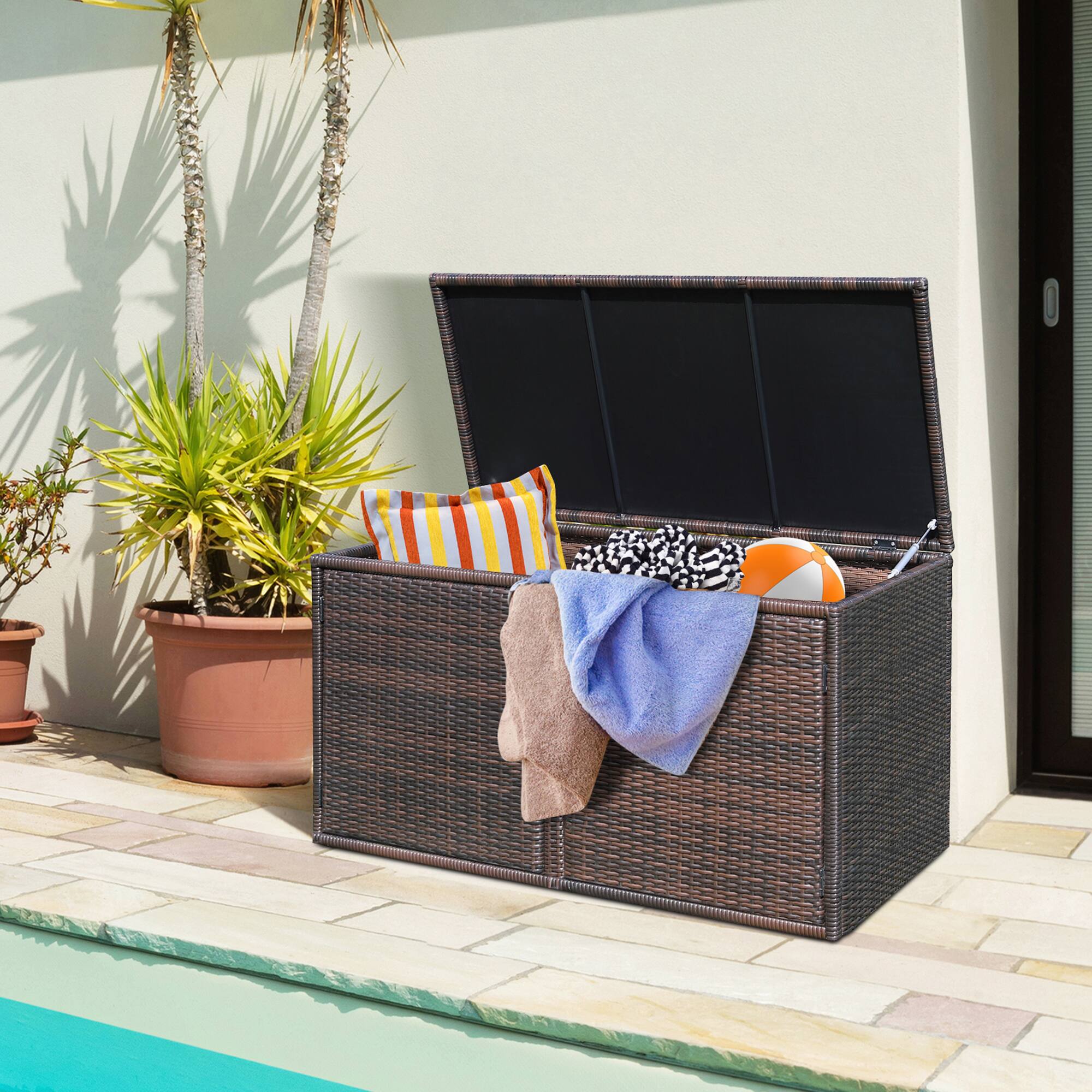Alt View 3. Gymax - Gymax 88 Gallon Rattan Storage Box Outdoor Patio Container Seat w/ Door Mix Brown - Mix Brown.