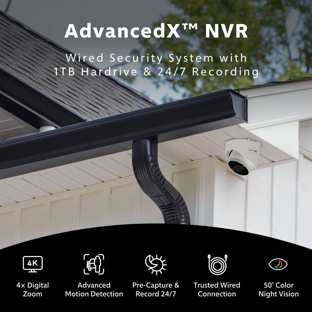 Advanced XM NVR Wired Security System with 1TB Hardrive & 24/7 Recording, 4K 4x Digital Zoom, Advanced Pre-Capture & Motion Detection, Record 24/7, Trusted Wired Connection, 50' Color Night Vision