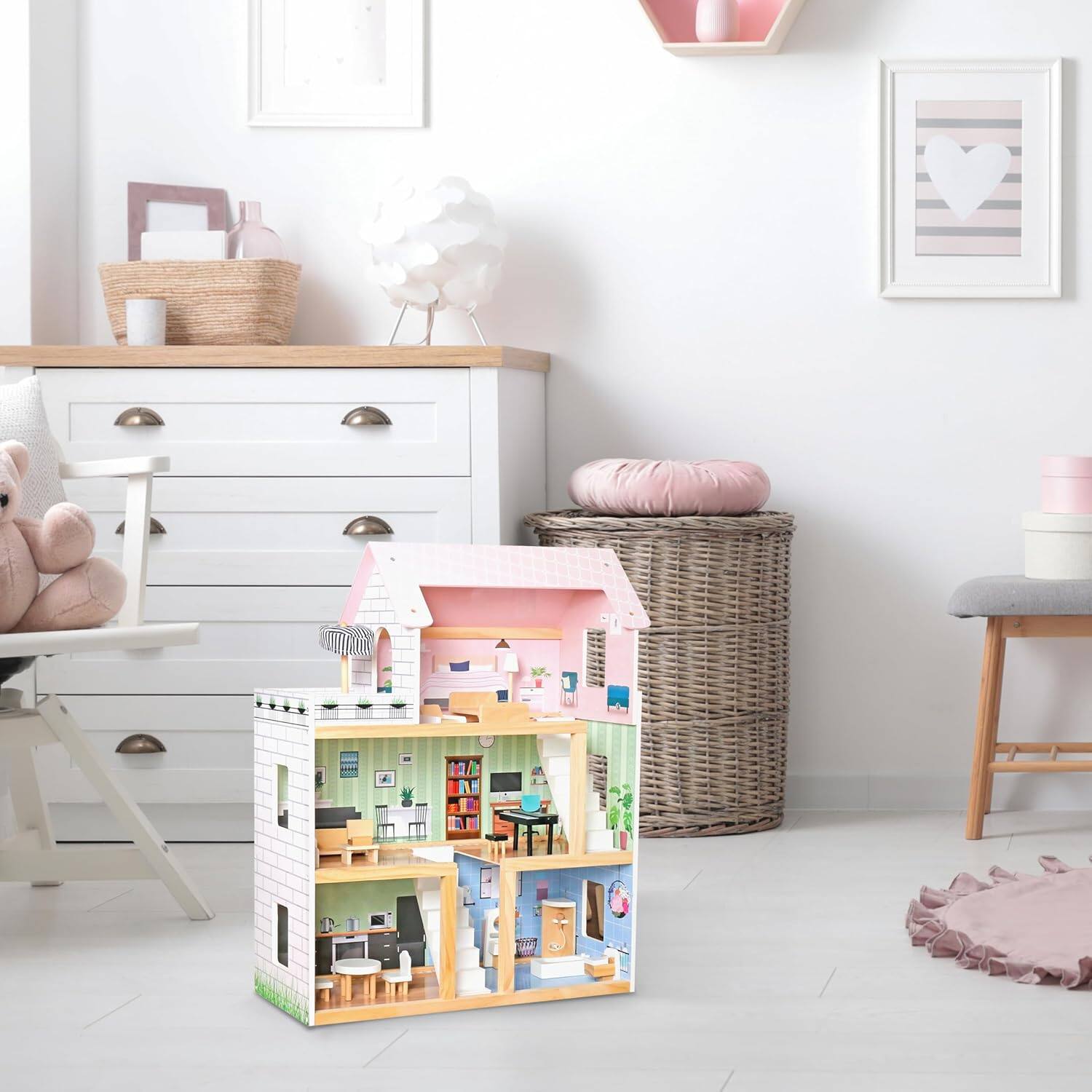 Alt View 5. Lil' Jumbl - Kids Wooden Dollhouse, 3 Story Small Doll House with Stairs, Accessories & Furniture - Pink.