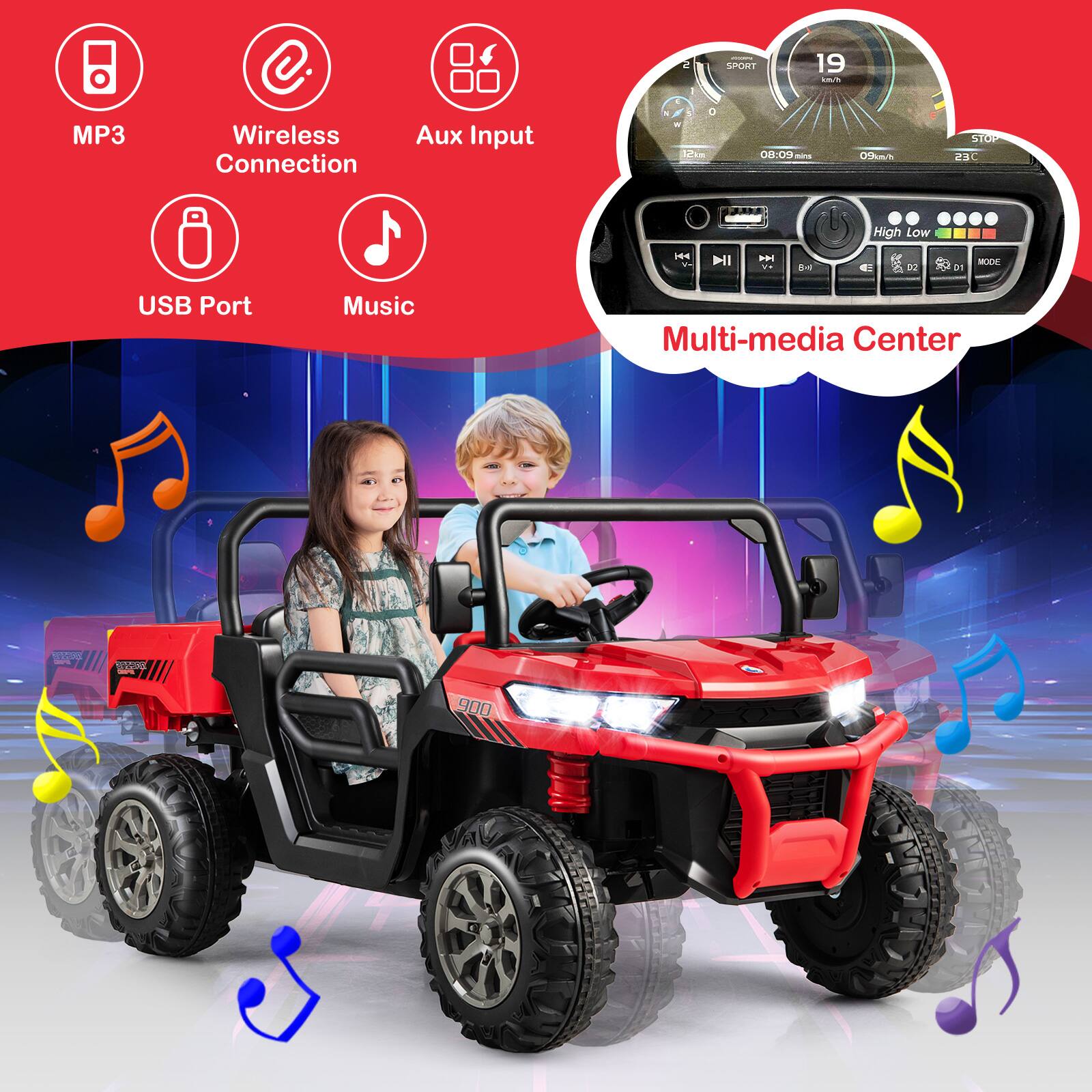 - MP3
- Wireless Connection
- Aux Input
- USB Port
- Music

Multi-media Center

- SPORT
- 19 km/h
- STOP
- High Low
- 20 & 01 MODE
- 900