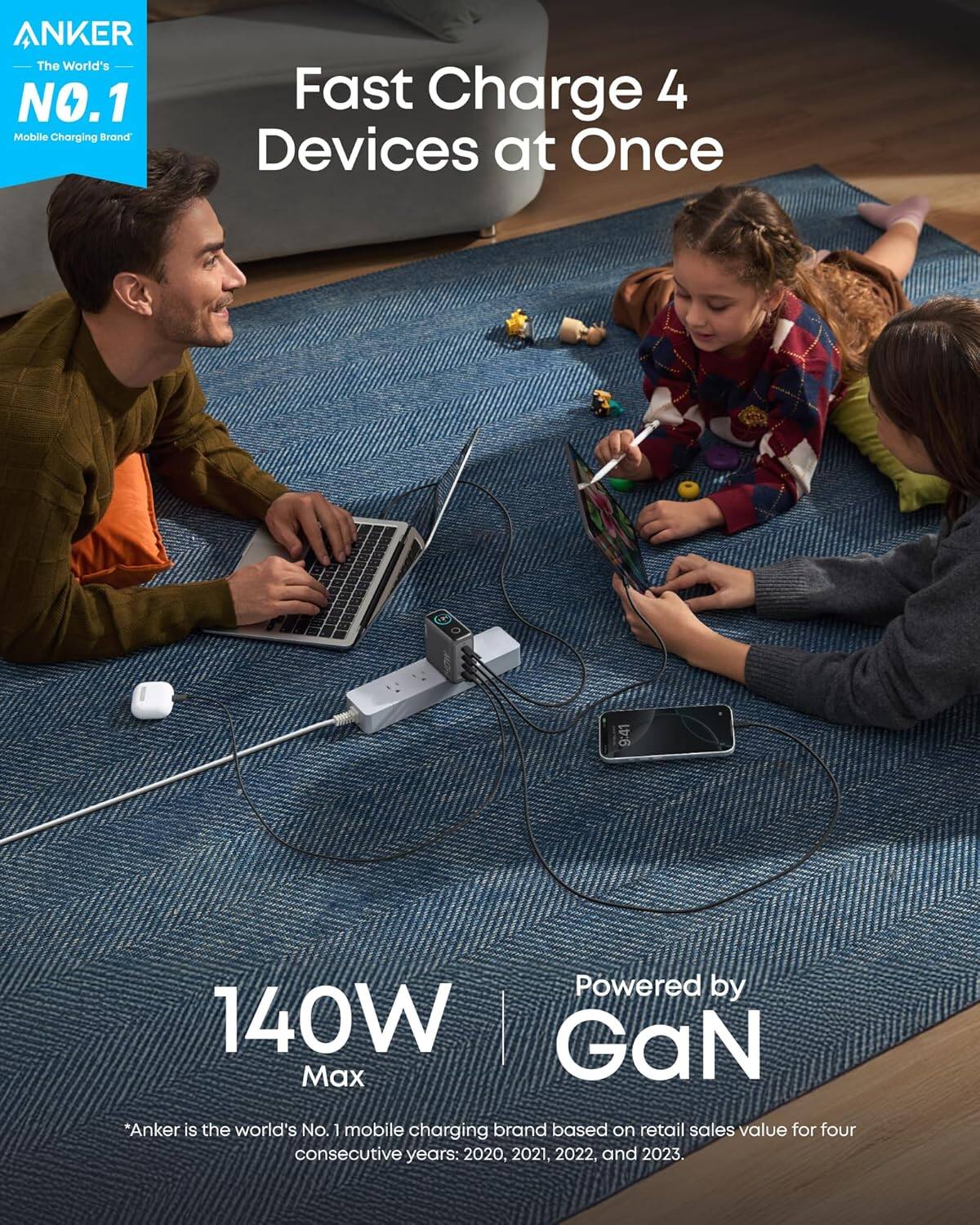 ANKER  
The World's NO.1 Mobile Charging Brand  

Fast Charge 4 Devices at Once  

9:41  
Powered by 140W GaN Max  

*Anker is the world's No. 1 mobile charging brand based on retail sales value for four consecutive years: 2020, 2021, 2022, and 2023.
