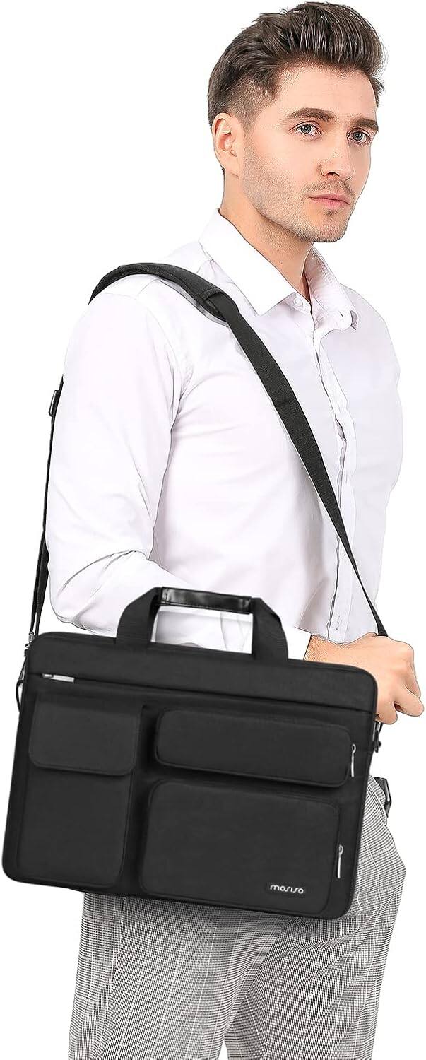 Angle. mosiso - Laptop Shoulder Messenger Bag 15–16 inch - Padded Protective Compartment, Front Utility Pockets, Adjustable Strap - Black.