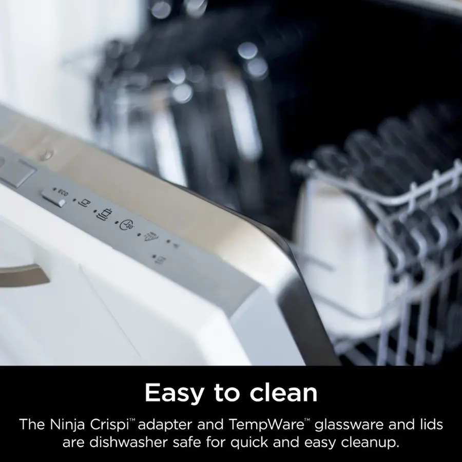 The Ninja Crispi adapter and TempWare glassware and lids are dishwasher safe for quick and easy cleanup.