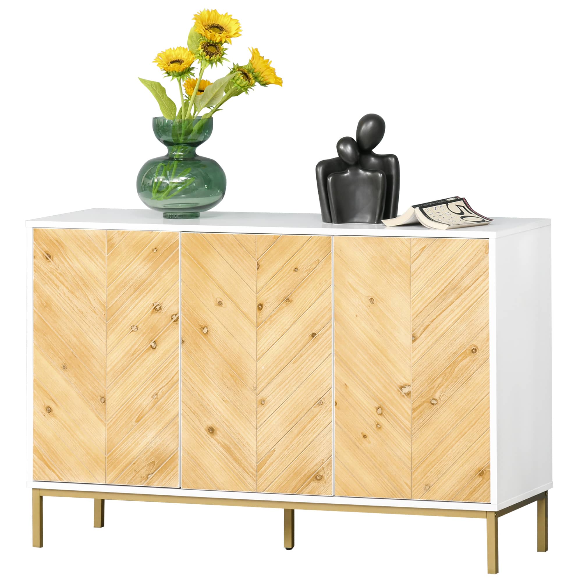 Homcom - Door Sideboard Buffet Cabinet, Coffee Bar Cabinet with Chevron Pattern, Adjustable Shelf and Metal Legs - Natural