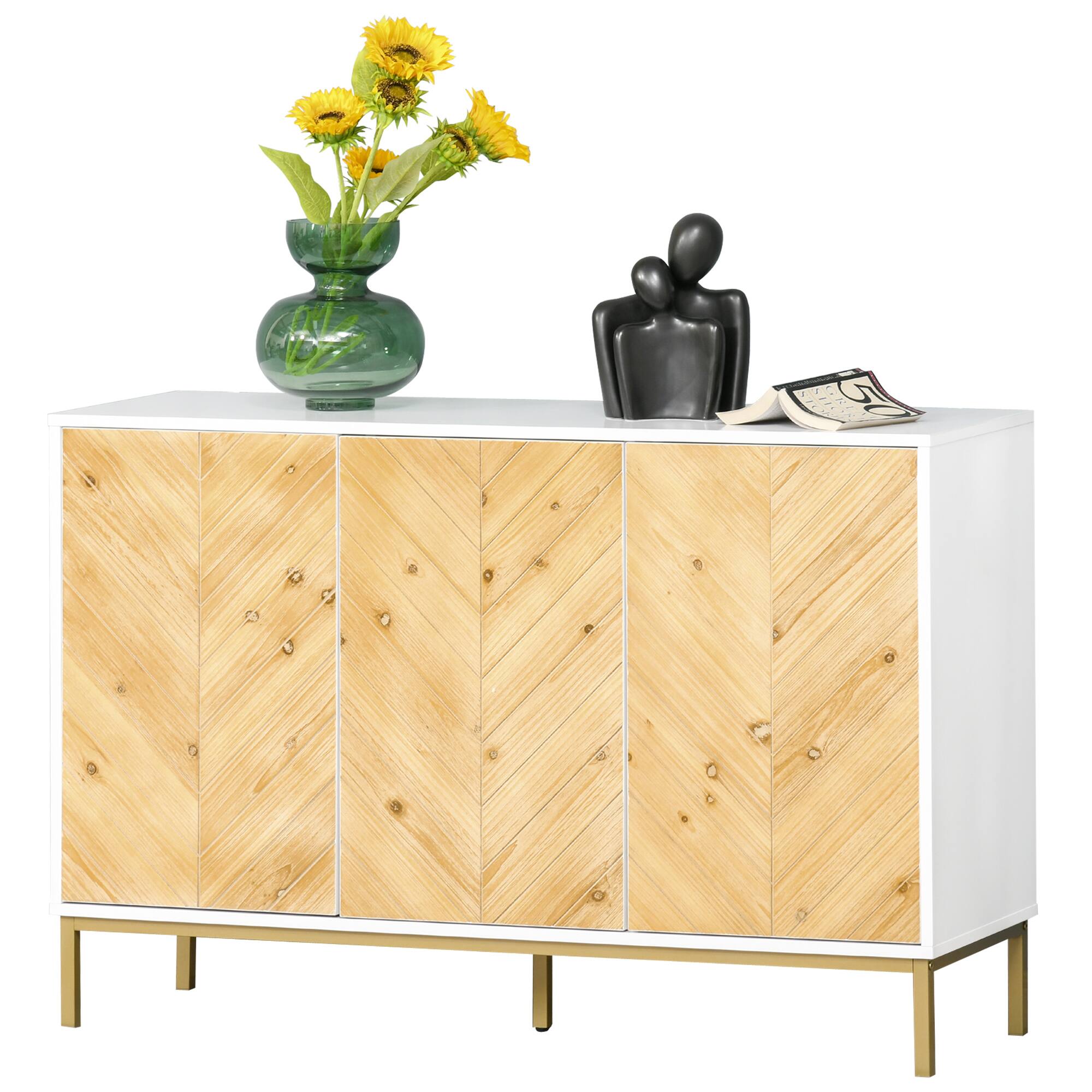 Front. Homcom - Door Sideboard Buffet Cabinet, Coffee Bar Cabinet with Chevron Pattern, Adjustable Shelf and Metal Legs - Natural.