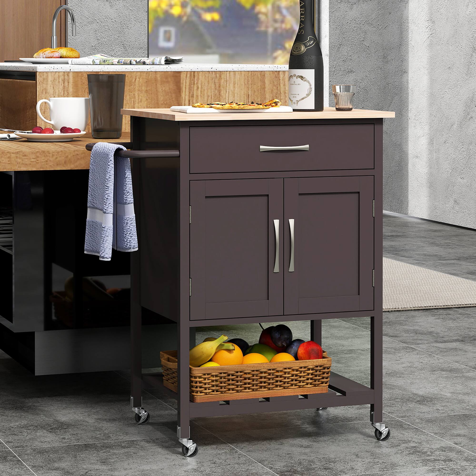 Alt View 4. Gymax - Gymax Rolling Kitchen Island Cart w/ Drawer 2-Door Storage Cabinet Bottom Tray Brown - Brown.