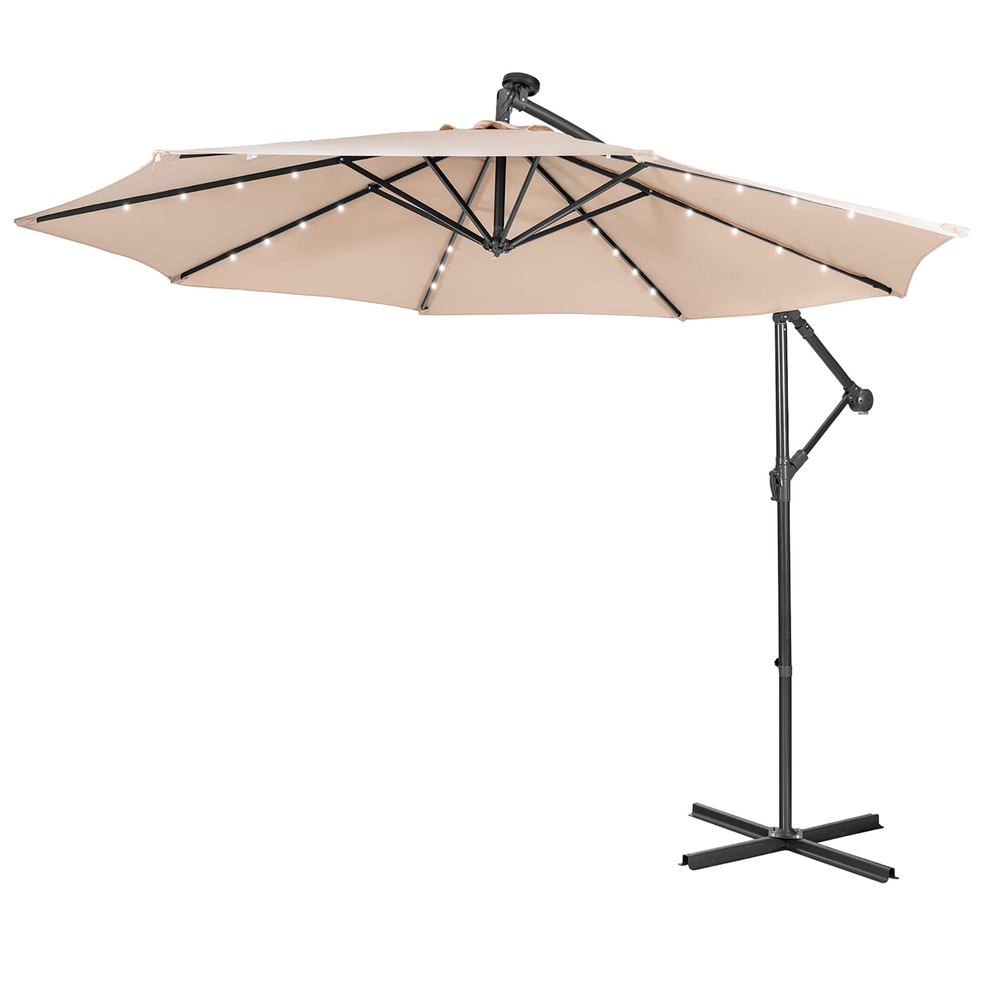 Costway - 10FT Cantilever Solar Powered 32LED Lighted Patio Offset Umbrella Outdoor - Beige