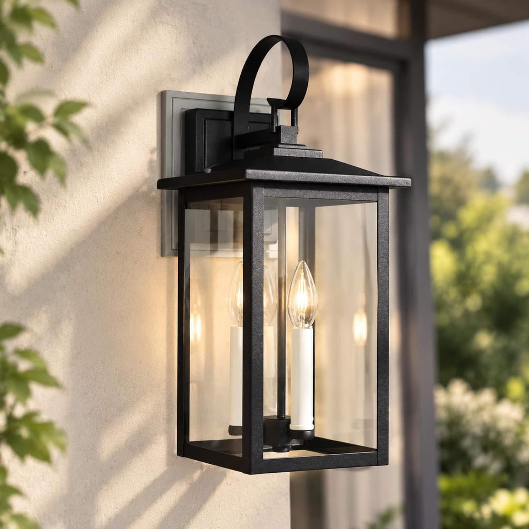 RYHNUYNE - Dusk To Dawn 3-Light Outdoor Wall Lantern, Waterproof Metal Sconce Fixture for Patio Porch Garage - Black