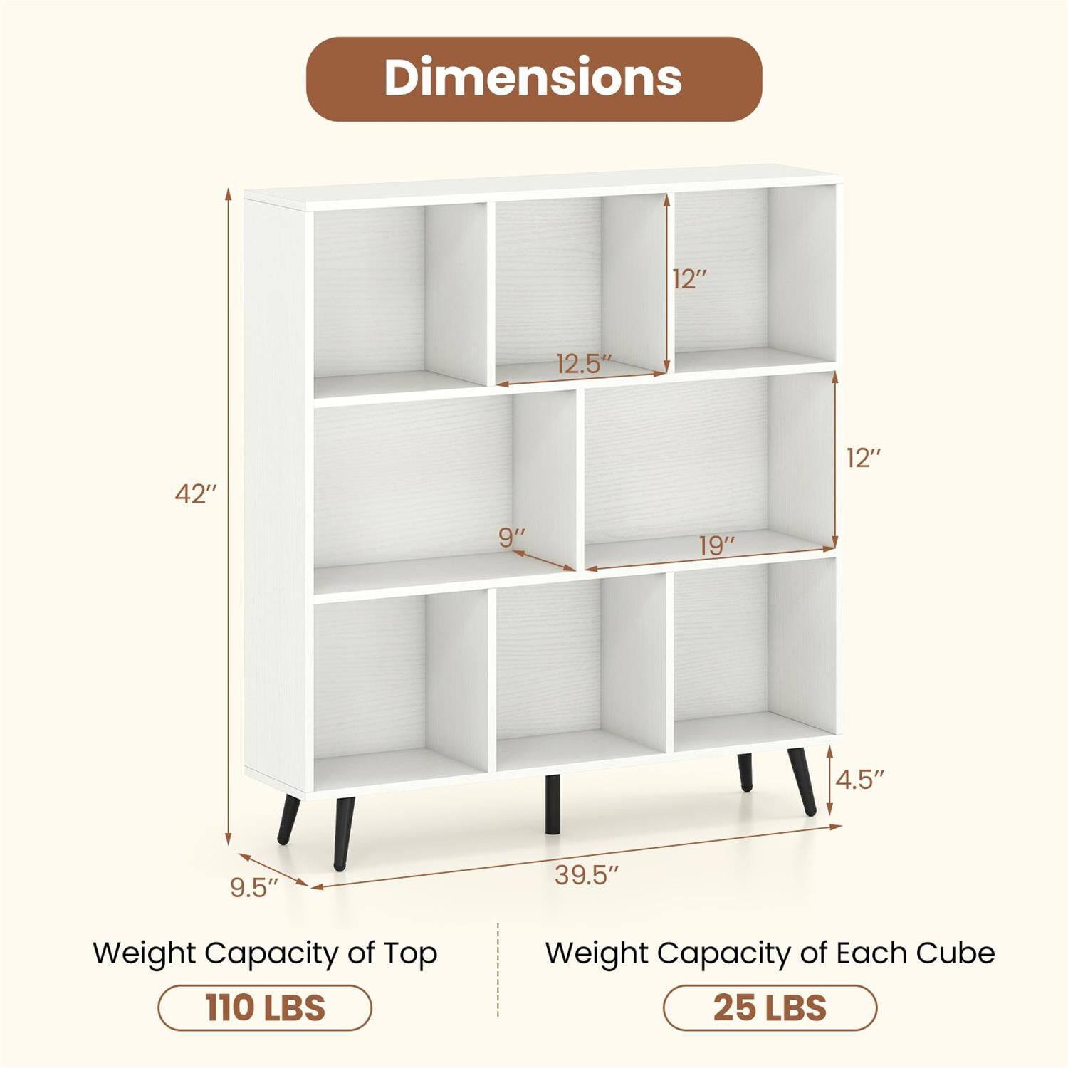 Dimensions: 12" x 12.5" x 42" x 9" x 19" x 4.5" x 9.5" x 39.5"  
Weight Capacity of Top: 110 LBS  
Weight Capacity of Each Cube: 25 LBS