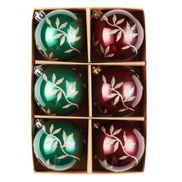 OrnamentallyYou - Majestic Gold Glittered Floral Bauble Christmas Ornament Set 6 Pieces of Maroon and Green Balls - Multi-colored