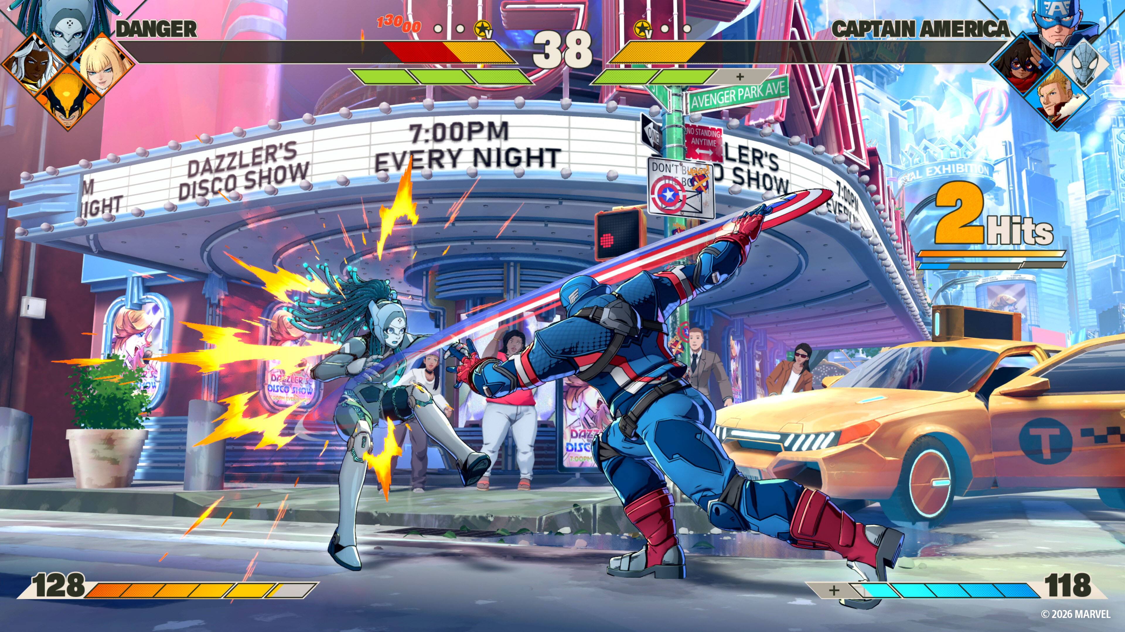 DANGER DAZZLER'S SHOW M DISCO IGHT  
13000 38 7:00PM EVERY NIGHT  
A CAPTAIN AMERICA + PARK AVE AVENGER NO STANDING ANYTIME LER'S DIS DON'T EXHIBITION BO SHOW ITAL 7:00PM 2 Hits  
DAIZLER! DISCO SHOW  
DAZZ DISC 7:00PM  
128  
118 2026 MARVEL