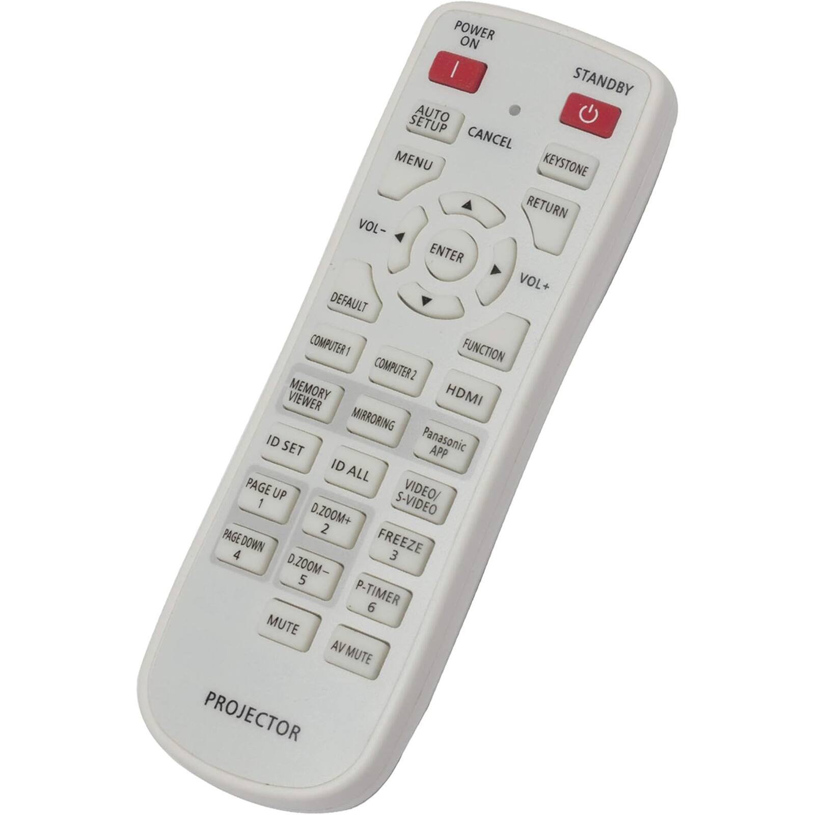 POWER ON  
STANDBY  
AUTO SETUP  
CANCEL  
MENU  
KEYSTONE  
RETURN  
VOL-  
ENTER  
VOL+  
DEFAULT  
COMPUTER 1  
COMPUTER 2  
VIEWER  
MEMORY  
HDMI  
MIRRORING  
ID SET  
ID ALL  
PAGE UP  
1  
D.ZOOM+  
2  
PAGE DOWN  
4  
D.ZOOM-  
5  
FREEZE  
3  
P-TIMER  
6  
MUTE  
AV MUTE  
Panasonic APP  
VIDEO/  
S-VIDEO  
D.2OOM+  
PROJECTOR