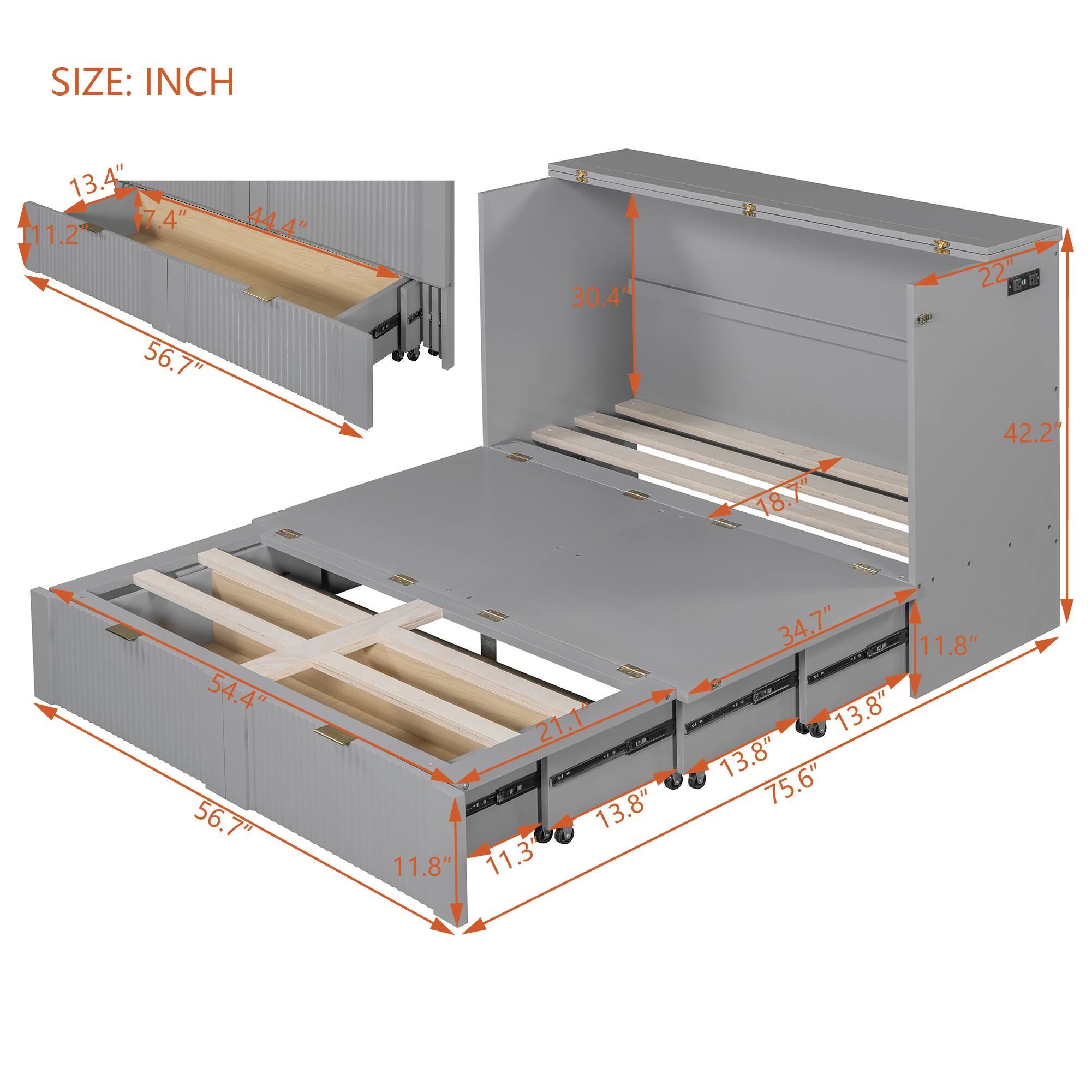 SIZE: INCH

- 13.4"
- 11.2"
- 56.7"
- 44.4"
- 30.4"
- 22"
- 42.2"
- 54.4"
- 56.7"
- 21.1"
- 13.8"
- 11.8"
- 11.3"
- 34.7"
- 11.8"
- 75.6"