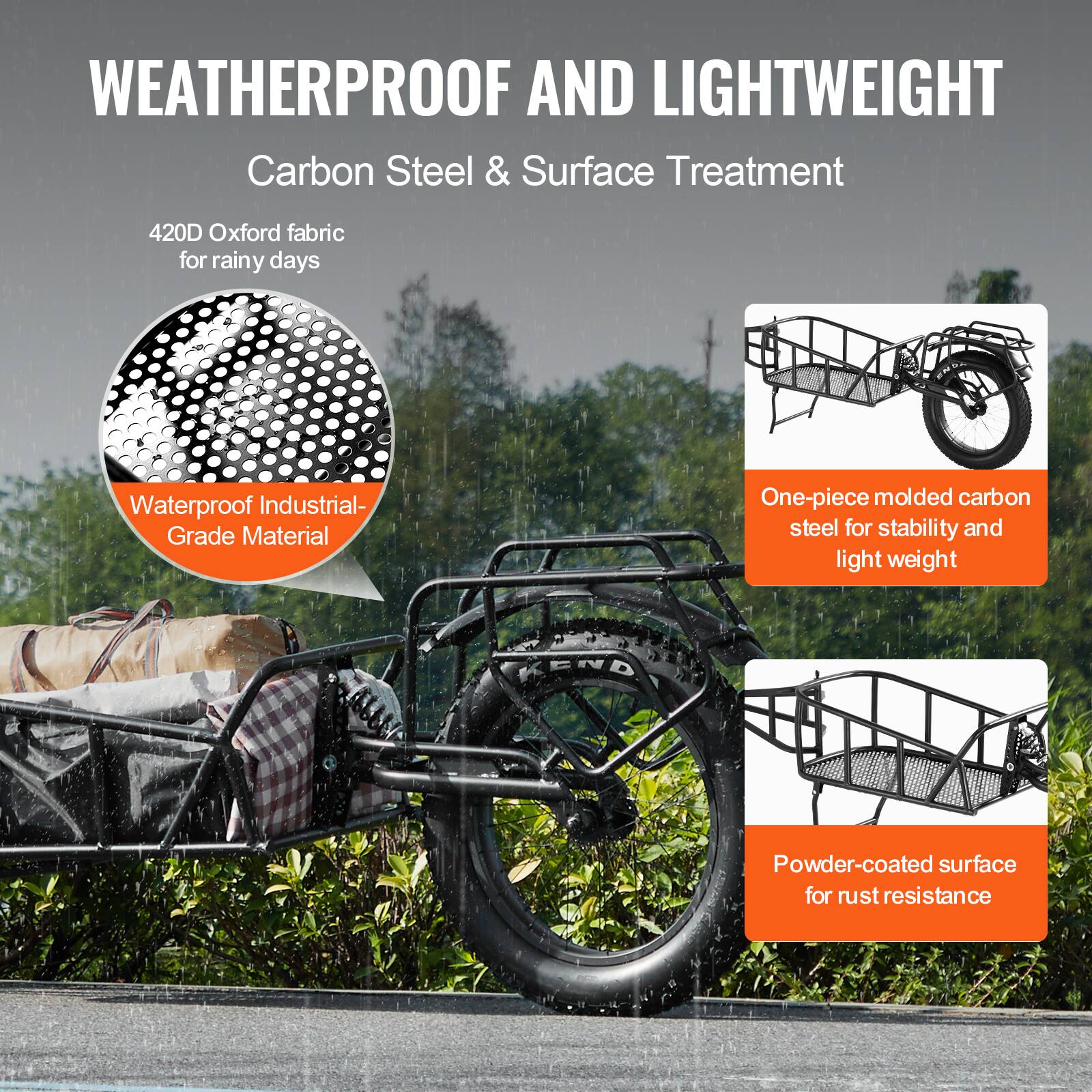 WEATHERPROOF AND LIGHTWEIGHT  
Carbon Steel & Surface Treatment  

420D Oxford fabric for rainy days  

Waterproof Industrial-Grade Material  

One-piece molded carbon steel for stability and light weight  

Powder-coated surface for rust resistance