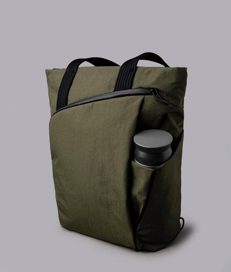 Alt View 5. ALPAKA - Flow Totepack Laptop Backpack for Men, 16" Laptop Compartment + 11" Tablet Sleeve, Tote/Backpack, Bottle Pocket - Green Axoflux 400D Washed Nylon.