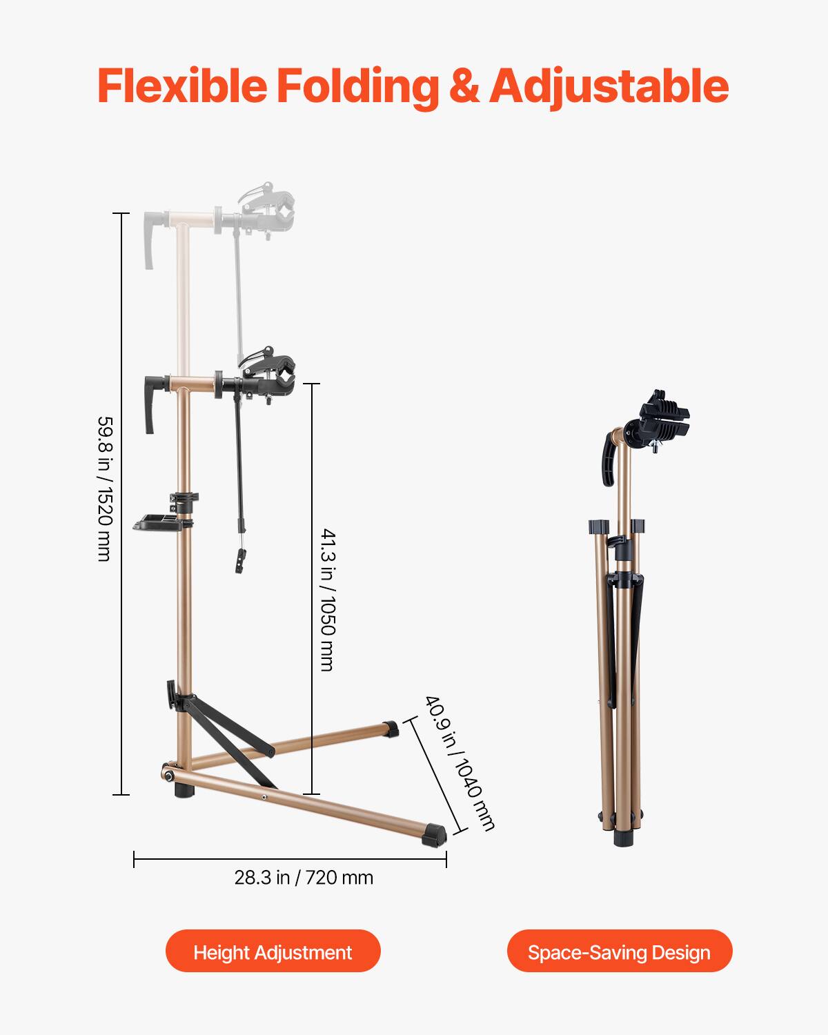 Flexible Folding & Adjustable

- 59.8 in / 1520 mm
- 41.3 in / 1050 mm
- 40.9 in / 1040 mm
- 28.3 in / 720 mm

Height Adjustment
Space-Saving Design