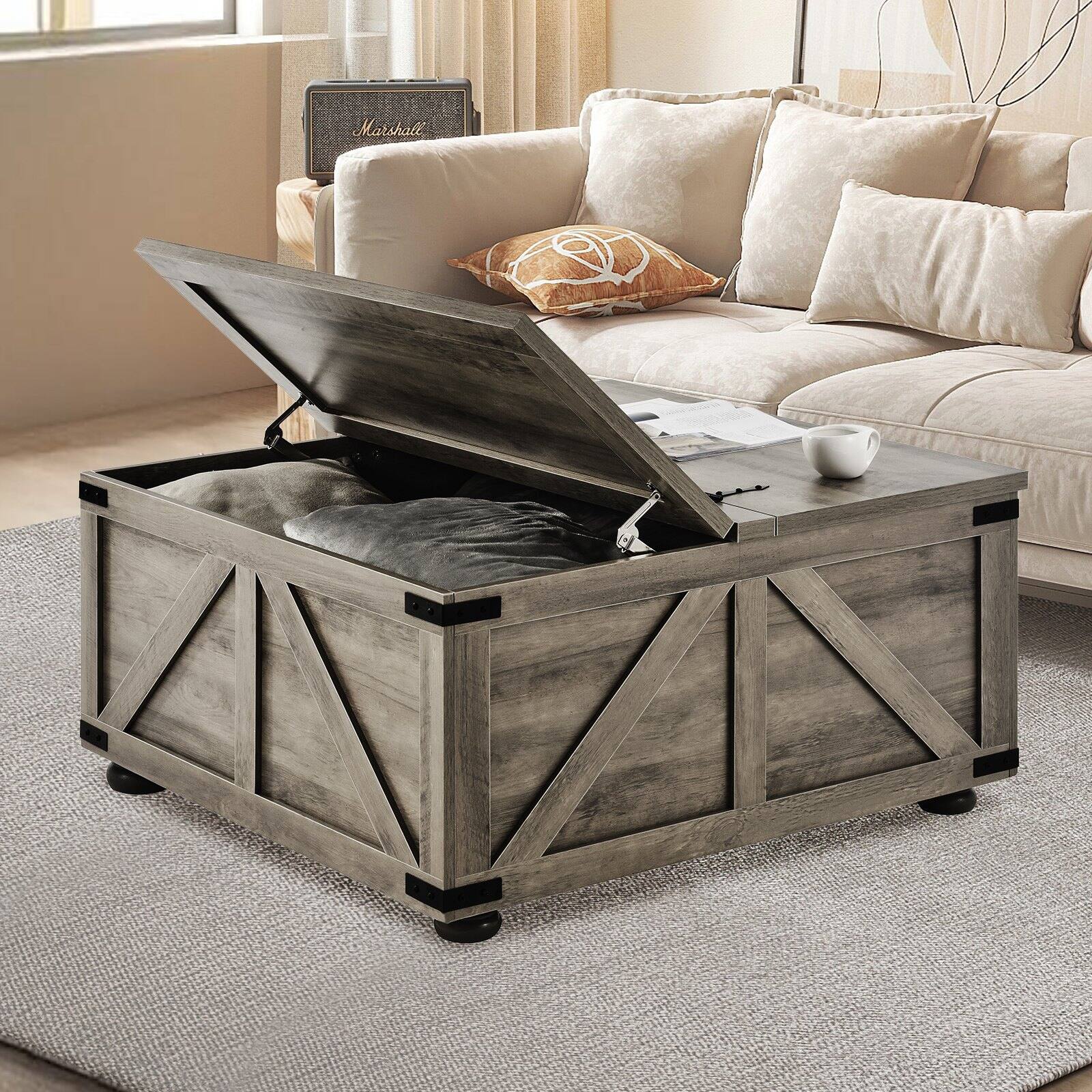 Alt View 1. Glintex - 36 in Farmhouse Coffee Table, Square Wooden Center Table with Large Storage Compartment for Living Room - Gray-Brown.