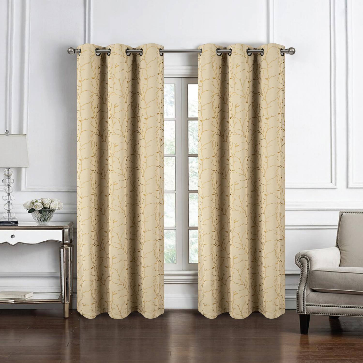 Angle. RT Designers Collection - RT Designer Collection Luciana Embroidered Blackout Luxurious Decorative Grommet Curtain Panel 54" x 90" Beige - Beige.