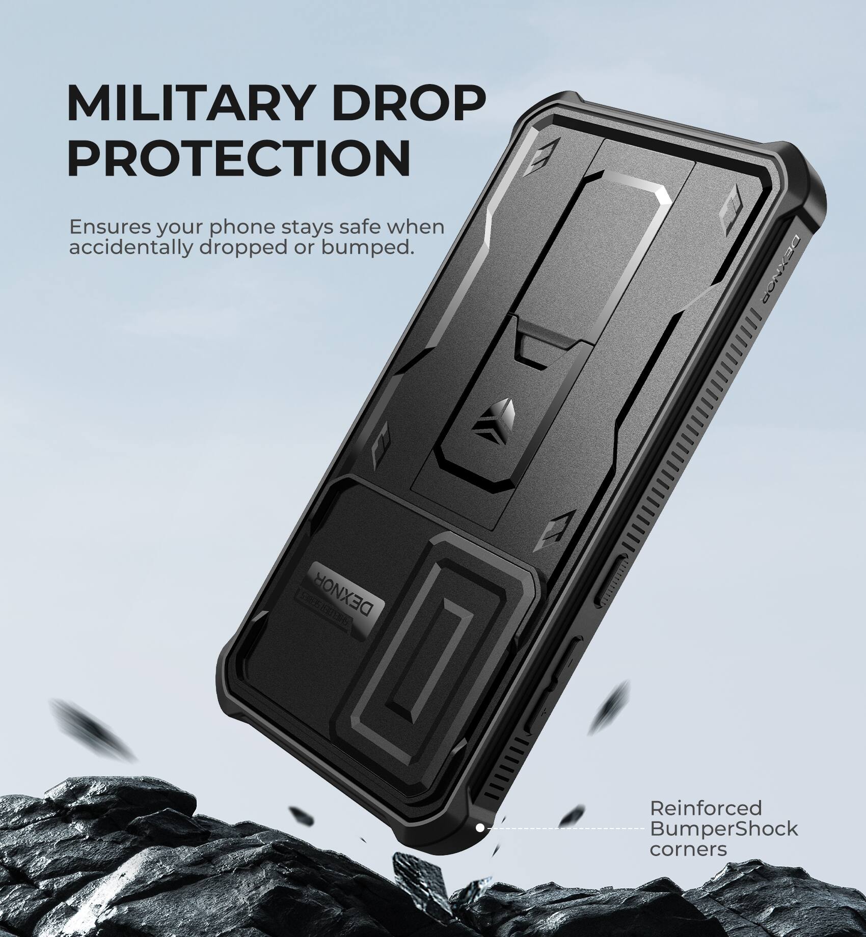MILITARY DROP PROTECTION, Ensures your phone stays safe when accidentally dropped or bumped., DEXNOO, Reinforced BumperShock corners