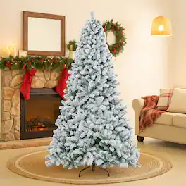 BreeBe - 6/7.5/9 Feet Artificial Snow Flocked Hinged Christmas Tree with Metal Stand - White