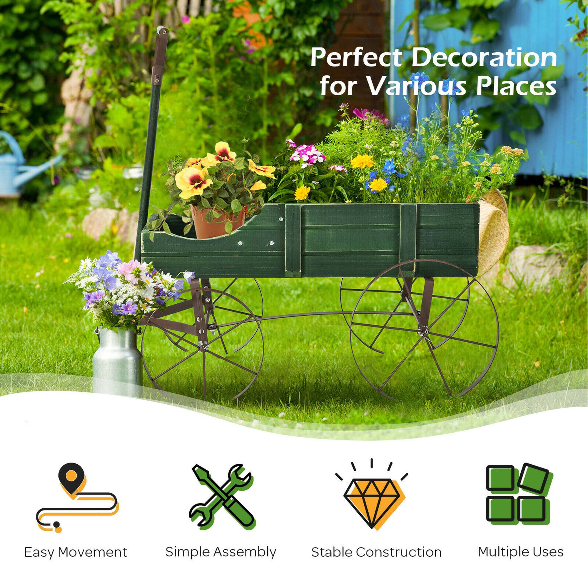 Gymax Garden Plant Planter Wooden Wagon Planter W/ Wheel Garden