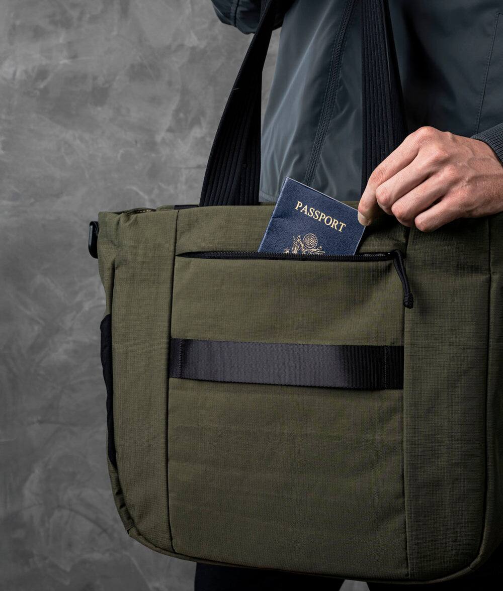 Left. ALPAKA - Bravo Tote V2 Work & Travel Laptop Tote Bag, Fits 16” MacBook Pro + 14” Tablet - Green Axoflux 400D.