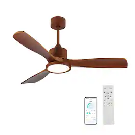 LUCKY ONE - 52" Low Profile Ceiling Fan with Light Remote App 6-Speed Wood Blades - Natural Wood