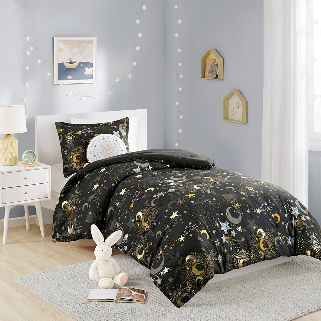 Alt View 1. Gracie Mills - Gracie Mills Dervan Celestial Dreams Starry Sky Metallic Comforter Set with Enchanting Throw Pillow - Charcoal/Gold.